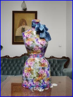 Handmade Floral Mannequin Torso- French style Wasp Waist- Paper Mache -Dress Form- Tailor dummy- Bust- Shop Display