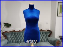 Handmade Prussian Blue Velvet Female Mannequin Torso- Paper mache- Dress Form- French Inspired- Display Organizer- Pinnable- Tailor Dummy