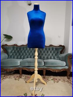 Handmade Prussian Blue Velvet Female Mannequin Torso- Paper mache- Dress Form- French Inspired- Display Organizer- Pinnable- Tailor Dummy