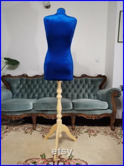 Handmade Prussian Blue Velvet Female Mannequin Torso- Paper mache- Dress Form- French Inspired- Display Organizer- Pinnable- Tailor Dummy