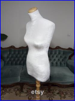 Handmade White Velvet Female Mannequin Torso- Paper mache Dress Form- French Inspired- Fashionable Display Organizer- Pinnable- Tailor Dummy