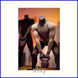 Headless Adult Muscular Fitness Fiberglass Matte Gray Male Mannequin with Kettle Bell HL-02