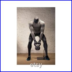 Headless Adult Muscular Fitness Fiberglass Matte Gray Male Mannequin with Kettle Bell HL-02
