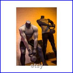 Headless Adult Muscular Fitness Fiberglass Matte Gray Male Mannequin with Kettle Bell HL-02