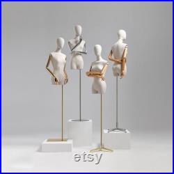 High End Half Body Female Display Dress Form,Adjustable Linen Fabric Mannequin Torso,Fashion Window Fitting Mannequin,Manikin Head For Wigs