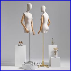 High End Half Body Female Display Dress Form,Adjustable Linen Fabric Mannequin Torso,Fashion Window Fitting Mannequin,Manikin Head For Wigs