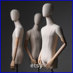 High Grade Female Mannequin Torso,Women Wedding Dress Display Model,Bamboo Hemp Fabric Clothing Dress Form,Adult Props with Wooden Arms