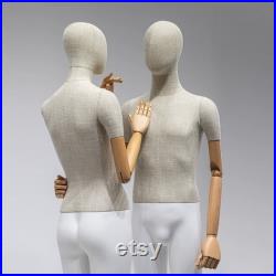 High Quality Female Male Full Body Mannequin,Upper Body Wrapped Bamboo Linen Bottom Leg Painting Matte White Dress Form With Wooden Arms