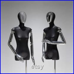 High Quality Female Mannequin Torso With Silver Head,Beige Black Leather Dress Form Model,Clothing Dress Form Torso Flat Shoulder Model