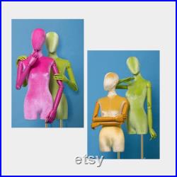 High Quality Half Body Female Mannequin, Colorful Velvet Fabric Display Dress form Model for Boutique Display, Manikin Torso with Wooden Arm