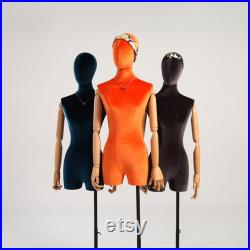 High-end Female Velvet Fabric Mannequin,Half Body Dress Form with Wooden Arms,Adult Women Bust Torso Model for Window Clothes Display