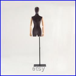 High-end Female Velvet Fabric Mannequin,Half Body Dress Form with Wooden Arms,Adult Women Bust Torso Model for Window Clothes Display