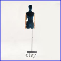 High-end Female Velvet Fabric Mannequin,Half Body Dress Form with Wooden Arms,Adult Women Bust Torso Model for Window Clothes Display