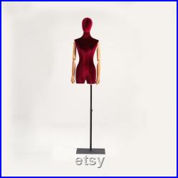 High-end Female Velvet Fabric Mannequin,Half Body Dress Form with Wooden Arms,Adult Women Bust Torso Model for Window Clothes Display