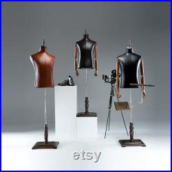 High-end Male Mannequin Torso,Leather Fabric Men Bust Model Prop,Dummy Maniquin Body for Pants Suit Display,Adult Dress Form with Wood Base