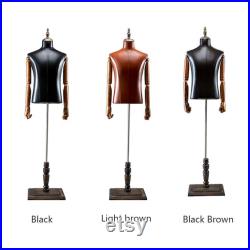 High-end Male Mannequin Torso,Leather Fabric Men Bust Model Prop,Dummy Maniquin Body for Pants Suit Display,Adult Dress Form with Wood Base