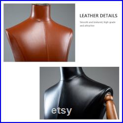 High-end Male Mannequin Torso,Leather Fabric Men Bust Model Prop,Dummy Maniquin Body for Pants Suit Display,Adult Dress Form with Wood Base
