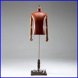 High-end Male Mannequin Torso,Leather Fabric Men Bust Model Prop,Dummy Maniquin Body for Pants Suit Display,Adult Dress Form with Wood Base