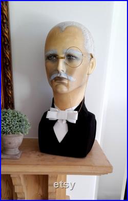 House of harlequin theatre Male art deco mannequin head man smart gentleman wig hat display 1930 early 20th century bespoke handpainted