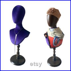 Indigo Purple Velvet Dark Wooden Base Female Mannequin Head Bust Stand Daisyv
