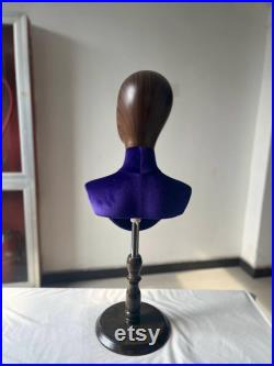 Indigo Purple Velvet Dark Wooden Base Female Mannequin Head Bust Stand Daisyv