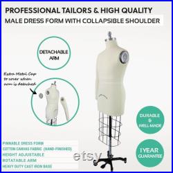 JKCrafts Professional Male Dress Form Industry Std Half Body Man w Collapsible Shoulders Dressmaker Model Dummy Dressmaking Mannequin