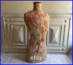 LAYAWAY FOR A. Antique French mannequin, 1900's dress form wasp waist, DISPLAY shabby deco red floral Indienne fabric covered tailor's form