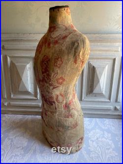 LAYAWAY FOR A. Antique French mannequin, 1900's dress form wasp waist, DISPLAY shabby deco red floral Indienne fabric covered tailor's form