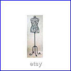 Large Decorative Iron Dress Form Mannequin on floor stand, black finish with a dusting of gold highlights that add depth and beauty.