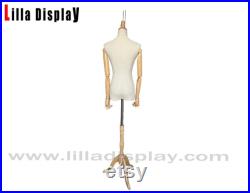 Lilladisplay Natural Wooden Tripod Base Wooden Neck Natural Linen Female Mannequin Dress Form Tara