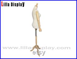 Lilladisplay Natural Wooden Tripod Base Wooden Neck Natural Linen Female Mannequin Dress Form Tara