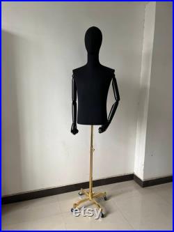 Lilladisplay Portable Gold Wheel Base Black Linen Black Articulated Wooden Arms Male Mannequin Dress Form Bryan