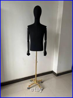 Lilladisplay Portable Gold Wheel Base Black Linen Black Articulated Wooden Arms Male Mannequin Dress Form Bryan