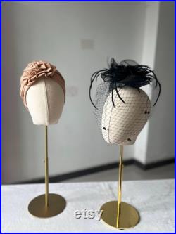 Linen Mannequin Head Adjustable Gold Bronze Base, Headband Millinery Display