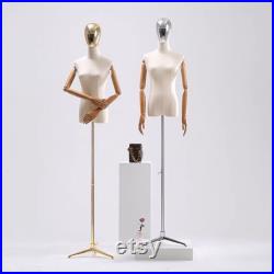 Luxury Adjustable Silver Tripod Base Silver Chrome Head Natural Linen Female Mannequins Dress Form Cindy