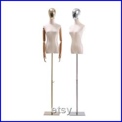 Luxury Adjustable Silver Tripod Base Silver Chrome Head Natural Linen Female Mannequins Dress Form Cindy