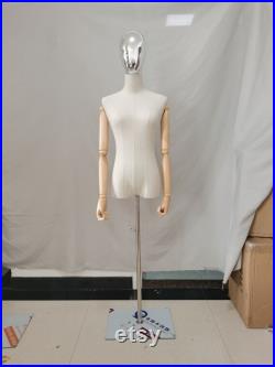 Luxury Adjustable Silver Tripod Base Silver Chrome Head Natural Linen Female Mannequins Dress Form Cindy