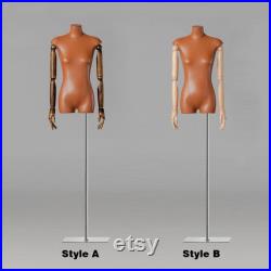 Luxury Female Half Body Mannequin,Fashion Leather Fabric Dress Form torso,Bust Model,Wooden Arm Head Dummy Female Body Clothing Display