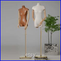 Luxury Female Half Body Mannequin,Fashion Leather Fabric Dress Form torso,Bust Model,Wooden Arm Head Dummy Female Body Clothing Display