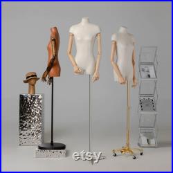 Luxury Female Half Body Mannequin,Fashion Leather Fabric Dress Form torso,Bust Model,Wooden Arm Head Dummy Female Body Clothing Display