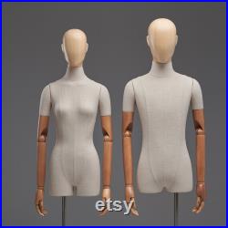 Luxury Female Male Dress Form, Linen Display Mannequin with Wooden Head Model for Fashion Cloth Dressmaker Dummy. Square Silver Base