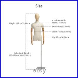 Luxury Female Male Dress Form, Linen Display Mannequin with Wooden Head Model for Fashion Cloth Dressmaker Dummy. Square Silver Base