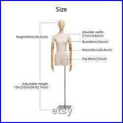 Luxury Female Male Dress Form, Linen Display Mannequin with Wooden Head Model for Fashion Cloth Dressmaker Dummy. Square Silver Base