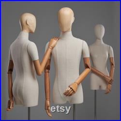 Luxury Female Male Dress Form, Linen Display Mannequin with Wooden Head Model for Fashion Cloth Dressmaker Dummy. Square Silver Base