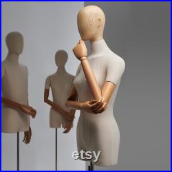 Luxury Female Male Dress Form, Linen Display Mannequin with Wooden Head Model for Fashion Cloth Dressmaker Dummy. Square Silver Base