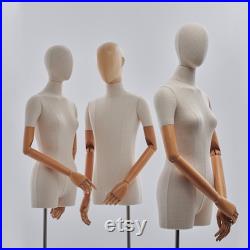 Luxury Female Male Dress Form, Linen Display Mannequin with Wooden Head Model for Fashion Cloth Dressmaker Dummy. Square Silver Base