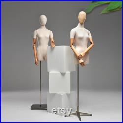 Luxury Female Male Dress Form, Linen Display Mannequin with Wooden Head Model for Fashion Cloth Dressmaker Dummy. Square Silver Base