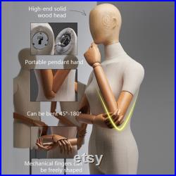 Luxury Female Male Dress Form, Linen Display Mannequin with Wooden Head Model for Fashion Cloth Dressmaker Dummy. Square Silver Base