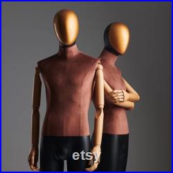 Luxury Female Male Dress Form Mannequin Full Body,Brown Velvet Mannequin Torso With Gold Head,Adult Clothing Display Dummy with Wooden Arms