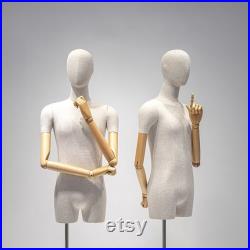 Luxury Grey Linen Men Display Mannequin with Short thigh, bamboo linen men half body fabric clothing display rack, men suit dress form arm